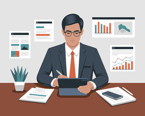 Business Analyst Reviews Reports and Data on a Tablet Computer in Office - Vector Illustration