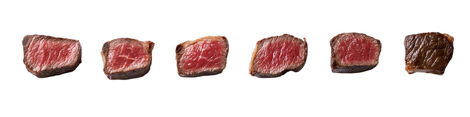 Fototapeta premium A series of meat cubes showcasing different textures and colors, emphasizing their rich red hues and varied marbling.