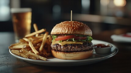 A beautifully arranged gourmet burger with fries on a plate. Featuring indulgence and satisfaction