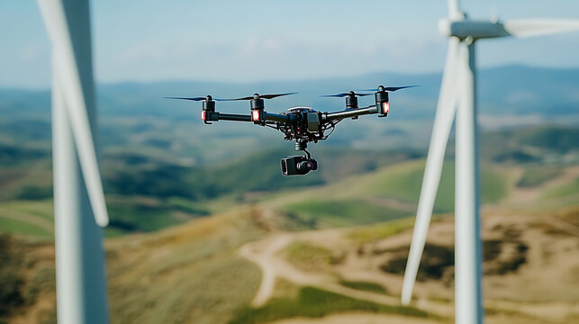 A drone performing aerial inspections on a wind turbine farm, wind farm with drones hovering over turbines and digital inspection tools, High-tech style