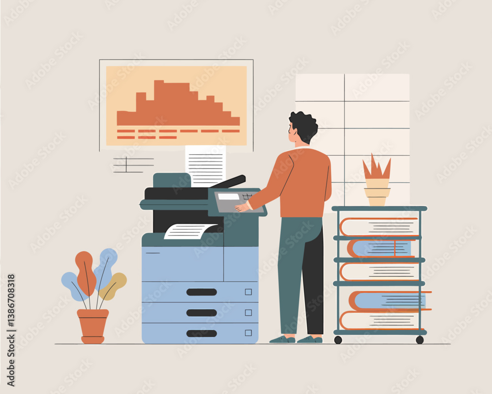 Poster office efficiency: man using multifunction printer for document copying and scanning in modern workp