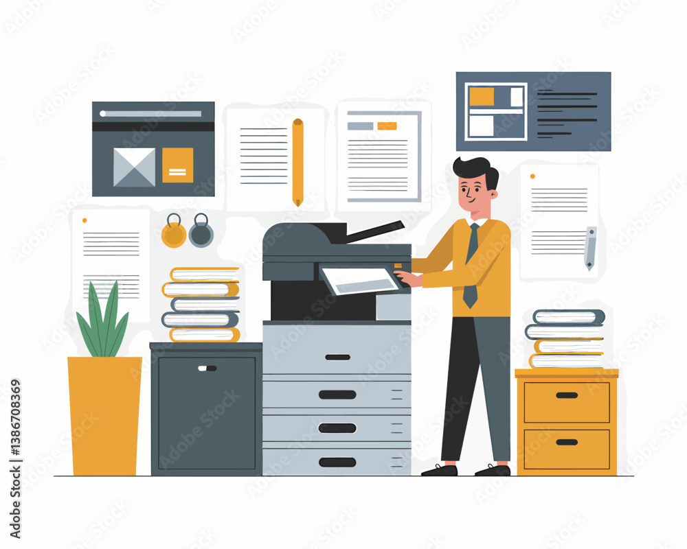 Poster office worker using copier in a modern workspace with documents and folders. vector illustration for
