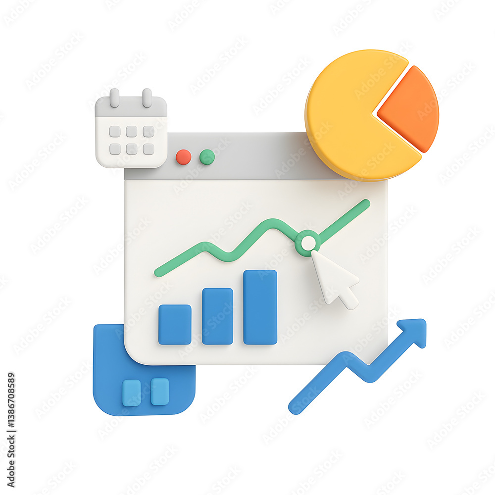 Wall mural 3d seo data graph png icon isolated on transparent background – bar chart, calendar, pie graph and g
