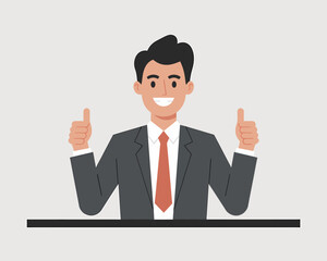 Smiling Businessman Gives Two Thumbs Up Illustration. Corporate Professional Showing Approval and Success