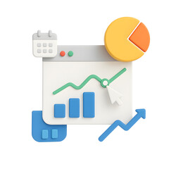 3D SEO data graph PNG icon isolated on transparent background – bar chart, calendar, pie graph and growth arrow for analytics interface.
