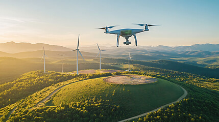A drone performing inspections on a wind turbine farm, vast wind turbine field with drones flying overhead and digital data displayed, High-tech style