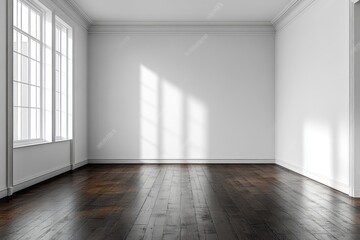 Minimalist Empty Room Bright White Walls Dark Parquet Floor Soft Lighting