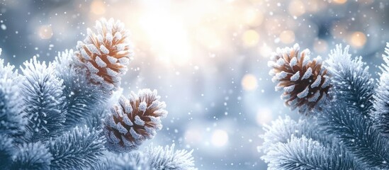 Snowy Winter Landscape with Pine Branches and Frosted Pinecones in a Tranquil Forest Setting