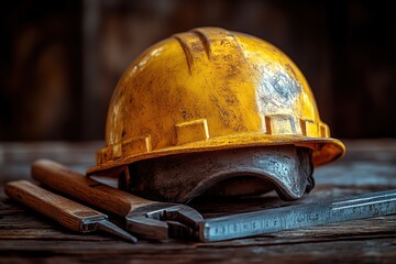 yellow construction helmet tools safety equipment industrial work hard hat wrench ruler wood background