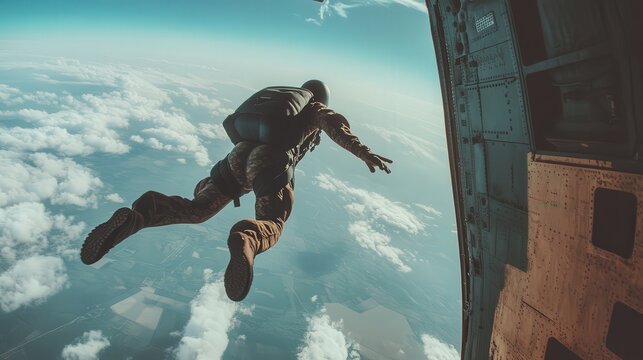 skydiver jumping from a military plane.