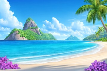 Fototapeta premium A 3D-rendered animated version of Maracas Beach, with exaggerated tropical colors and textures