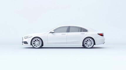 Fototapeta premium A white sedan is shown in profile view against a light blue background. The car is sleek and modern. The image is clean and simple, with high resolution and even lighting. The style is minimalist and