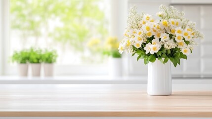 Fototapeta premium A white vase holds a bouquet of pale yellow and white flowers. It sits on a light wood counter. The background is a blurred bright kitchen. The image is high-quality, well-lit, and has a soft, seren
