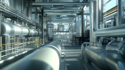 Fototapeta premium A large industrial building with many pipes and tubes. The pipes are silver and the building is very large