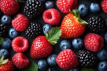 Fototapeta premium assorted fresh wild forest berries strawberries blueberries raspberries blackberries healthy delicious vibrant close-up summer food concept