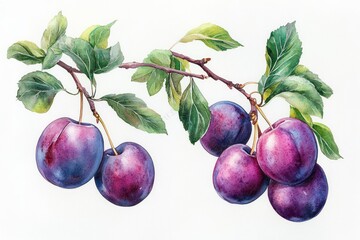 Watercolor Painting of Ripe Plums on Branches with Leaves Botanical Illustration