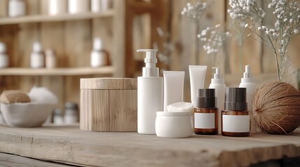 Elegant Spa Bottles & Containers, Assorted Shapes, Neutral Color Palette, Wooden Background