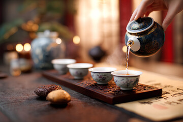 Traditional Chinese tea ceremony with Yixing teapot and porcelain teacups on ornate wooden table surrounded by calligraphy and silk cushions  
