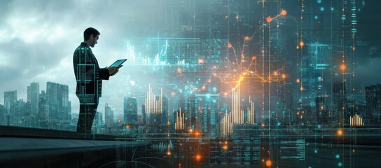Futuristic businessman holding tablet with data graphs and bar charts in cyberpunk city analyzing economic growth and market trends
