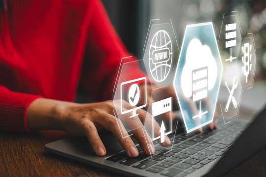 Hands typing on a laptop with digital icons representing web hosting, cloud computing, and server technology.