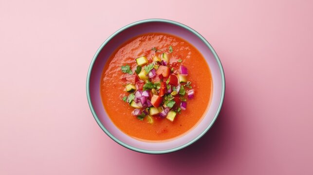A bowl of chilled gazpacho soup with diced vegetables and herbs. Featuring refreshment and taste