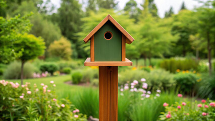 Birdhouse in restored garden zone with vibrant flowers and lush greenery.