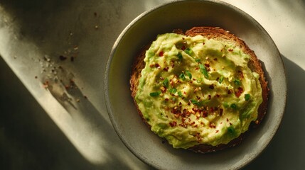 A bowl of creamy avocado toast with a sprinkle of chili flakes. Featuring freshness and flavor
