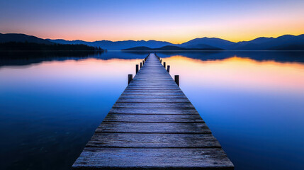 Obraz premium Serene Sunrise Over Calm Lake with Wooden Pier Extending into Soft Colorful Horizon