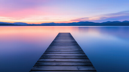 Fototapeta premium Serene Sunset Reflection Over Calm Lake with Wooden Dock Extending into Tranquil Waters