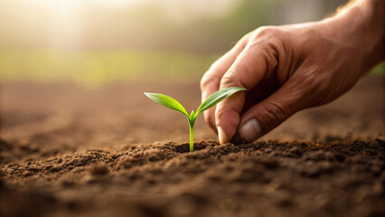 Conceptual image for World Environment Day. Hand planting green seedling in dry soil with hope and care in warm sunlight.