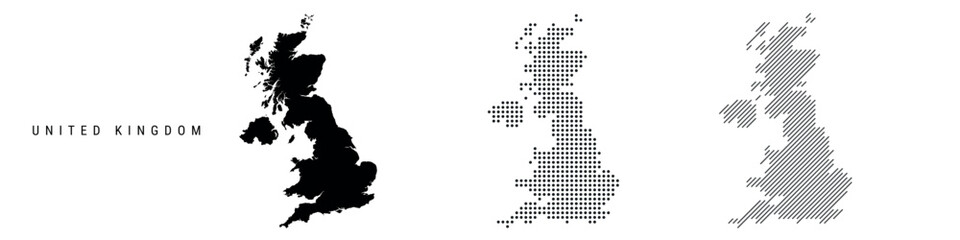 United Kingdom silhouette map and two patterns of dots and slanted lines. Flat vector illustration isolated on white