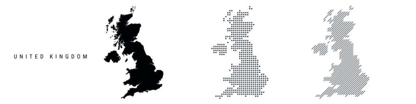 United Kingdom silhouette map and two patterns of dots and slanted lines. Flat vector illustration isolated on white