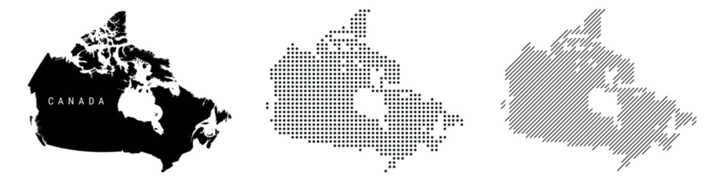 Canada silhouette map and two patterns of dots and slanted lines. Flat vector illustration isolated on white