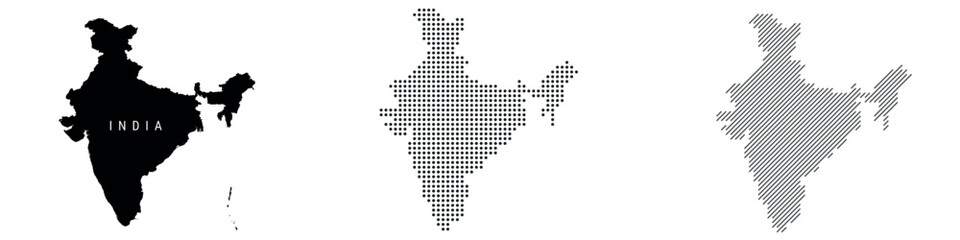 India detailed silhouette map, dotted pattern and slanted parallel lines pattern. Indian textured stylized map. Vector illustration isolated on white.
