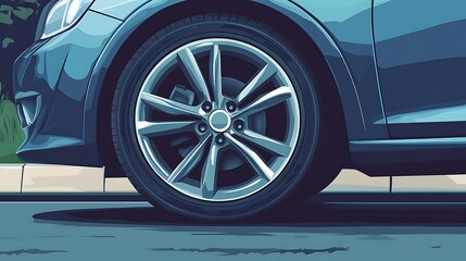 Car Wheel CloseUp with Radial Spokes Design on Blue Vehicle and Street View
