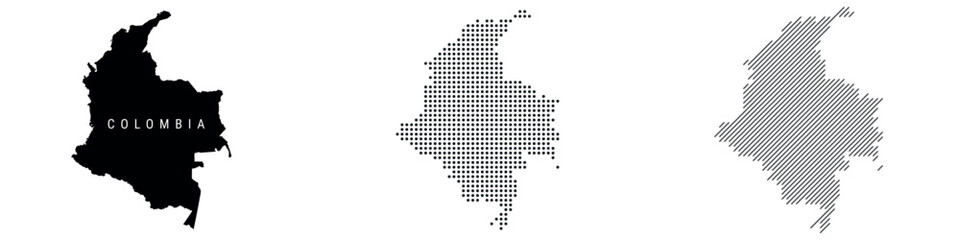 Colombia detailed silhouette map, dotted pattern and slanted parallel lines pattern. Colombian textured stylized map. Vector illustration isolated on white.