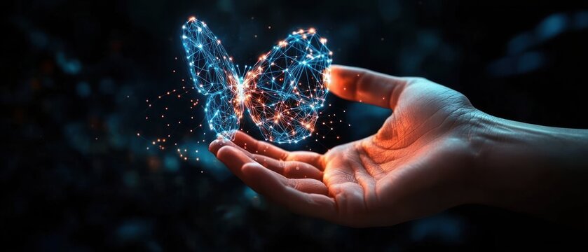 Futuristic Technology Transformation with Human Hand and Holographic Butterfly Concept
