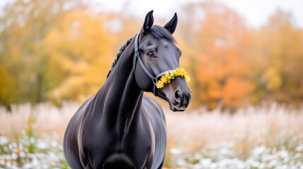 Obraz premium Black horse in autumnal setting. A sleek, black horse stands in a field covered in snow, with vibrant autumn foliage and wildflowers in its headpiece. The horse's posture is elegant and attentive