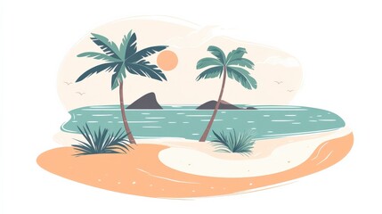 Tropical Beach Scene with Palm Trees and Calm Ocean Waves