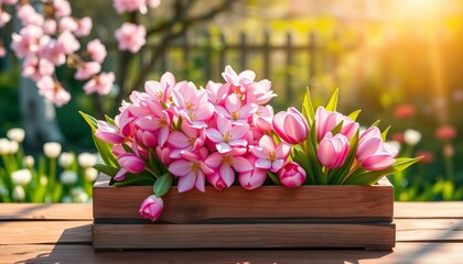 Wooden tabletop display, pink cherry blossoms & tulips, sunny spring Easter background, celebration, wood