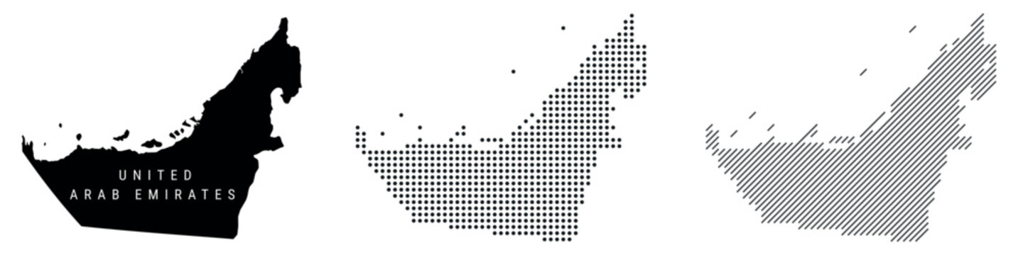 United Arab Emirates silhouette map and two patterns of dots and slanted lines. Flat vector illustration isolated
