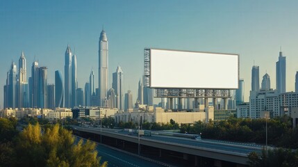 modern high-rise building with a bold white billboard, catching the eye amidst the urban skyline.