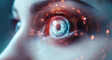 Futuristic Human Eye with Holographic Technology Cyberpunk Art Closeup