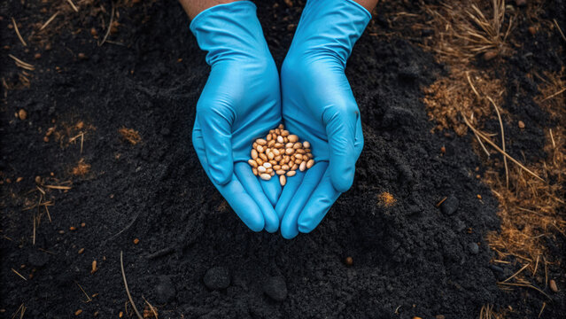 Conceptual image for World Environment Day. Gloved hands holding native seeds over scorched soil for reforestation effort.