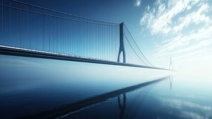 suspension bridge with sleek steel cables stretching across a bay, reflecting the deep blue tones of the water below.