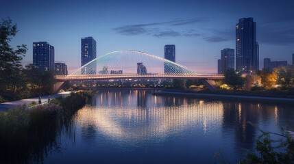 Naklejka premium modern bridge with glowing LED lights highlighting its steel cables, creating a futuristic ambiance over a calm river.