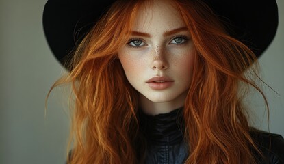 Fototapeta premium Sexy Witch Girl in Leather Costume with Red Hair and Pointed Hat for Halloween Celebration