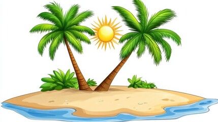 Obraz premium Tropical Island Paradise with Palm Trees and Sun in Bright Sky