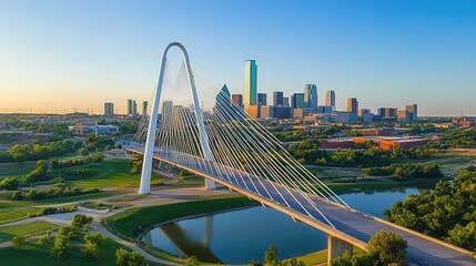 Obraz premium modern cable-stayed bridge, its steel cables forming elegant patterns against a backdrop of a vibrant urban skyline.
