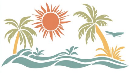 Fototapeta premium Tropical Scene with Sun, Palm Trees and Exotic Plants in Waves